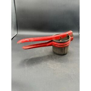 Vintage 1950s Metal Potato Ricer With Red Handle & Frame Masher Gadget